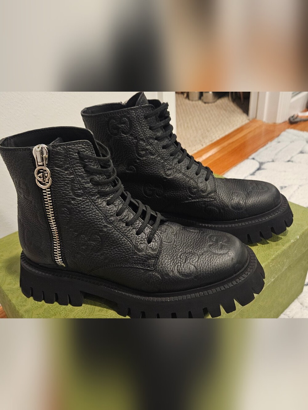 Gucci Black Embossed Leather Combat Boots Size 38